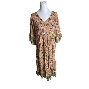 Rusty Dusty Boho Floral Maxi , 3/4 Puff Sleeve  Dress Womens Size Medium